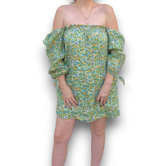 5/$100 SALE  Faithfull the Brand Linen Floral Off Shoulder Smocked Mini Dress - Picture 1 of 8